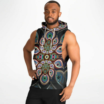 A model showcasing "The Waiting Room" sleeveless hoodie from the side.