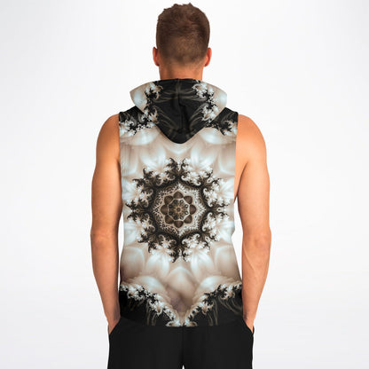 A model wears the Duality sleeveless hoodie, viewed from the back.