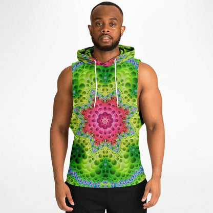 A second model wearing the “Starburst” sleeveless hoodie, front view, showing the fit and drape.