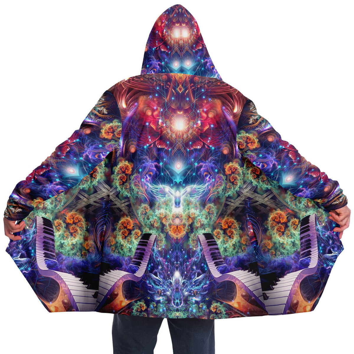 Wide shot of a male model wearing the "Magnus Opum" hooded cloak, showing the full drape from behind.