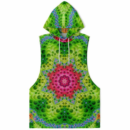 Flat lay of the front of the “Starburst” all-over-print sleeveless hoodie, showing the hood.