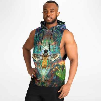 A second model wearing the “To Bee or Not to Bee” sleeveless hoodie from the side, showing the drop armhole cut.