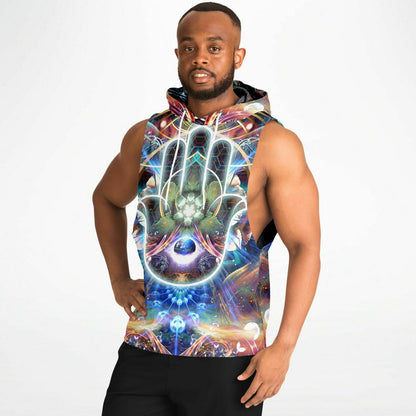 A second model wearing the “Divine Protection” sleeveless hoodie from the side, showing the drop armhole cut.