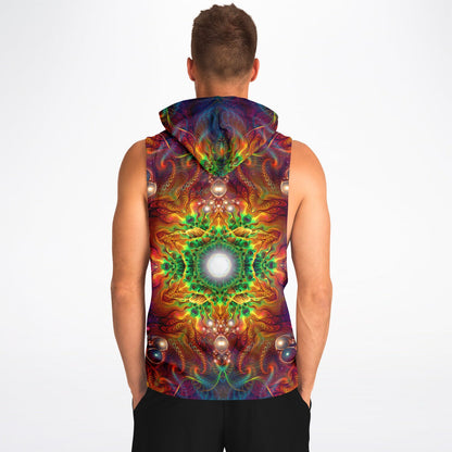 Back view of a model wearing "Photonic" sleeveless hoodie.
