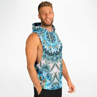 Model wearing the “Return to Purity” sleeveless hoodie from the side, showing the drop armhole cut.