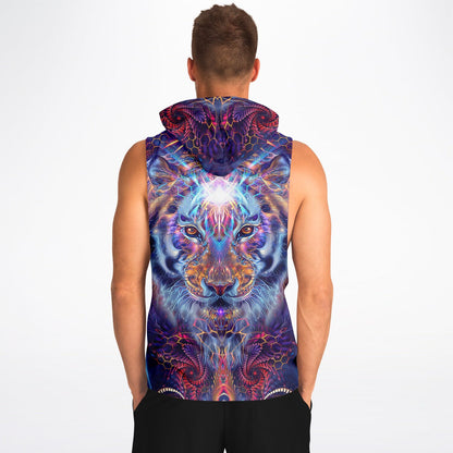 Model wearing the “Empurrress” sleeveless hoodie, back view, showing the all-over print across the back.
