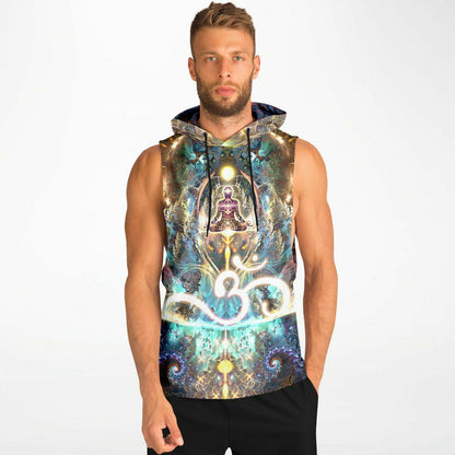 Model wearing the “Density 432” sleeveless hoodie, front view, showing overall fit and length.
