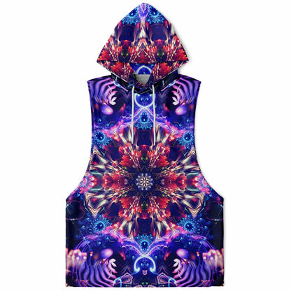 Flat lay of the front of the “Flow State” all-over-print sleeveless hoodie, showing the hood.