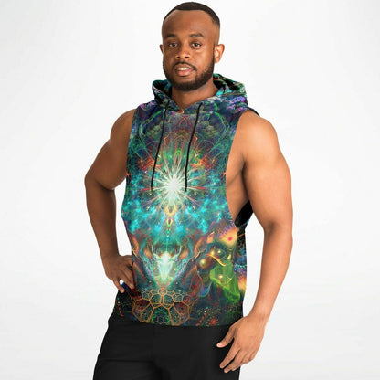 A second model wearing the “To Tree or Not to Tree” sleeveless hoodie from the side, showing the drop armhole cut.