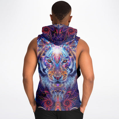A second model wearing the “Empurrress” sleeveless hoodie, back view, highlighting the all-over print.
