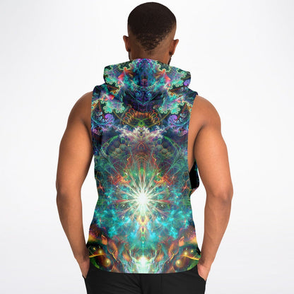 A second model wearing the “To Tree or Not to Tree” sleeveless hoodie, back view, highlighting the all-over print.