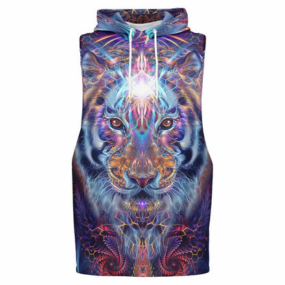 Ghost mannequin front view of the “Empurrress” sleeveless hoodie, showing the drop armhole cut and hood.