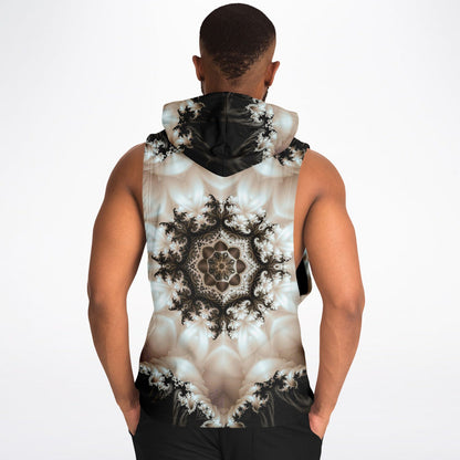A model wears the Duality sleeveless hoodie, back view showing the all-over print.