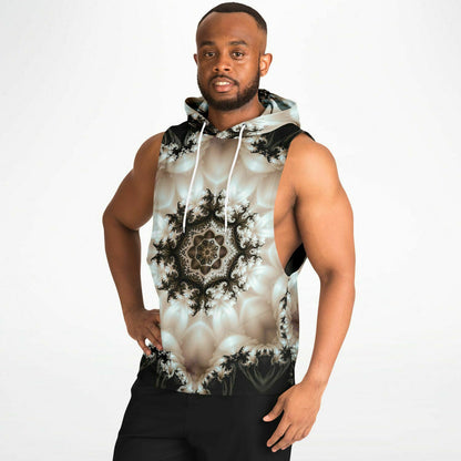 Alternate side shot of a model wearing the Duality sleeveless hoodie.