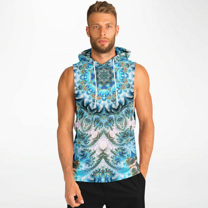 Model wearing the “Return to Purity” sleeveless hoodie, front view, showing overall fit and length.