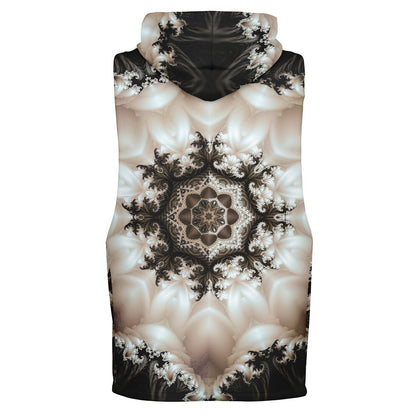 Ghost mannequin back view of the Duality sleeveless hoodie shaped as if worn.