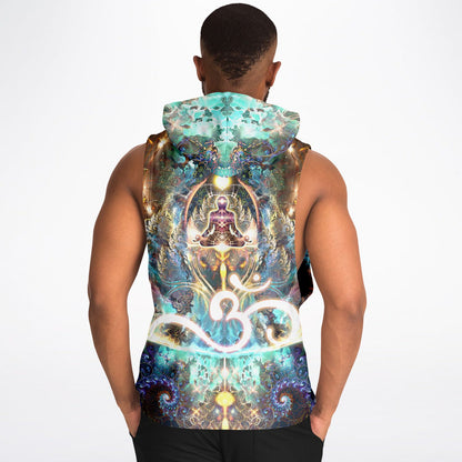 A second model wearing the “Density 432” sleeveless hoodie, back view, highlighting the all-over print.
