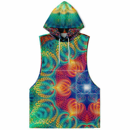 Flat lay of the front of the “Free Your Mind - Fibonacci” all-over-print sleeveless hoodie, showing the hood.
