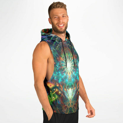 Model wearing the “To Tree or Not to Tree” sleeveless hoodie from the side, showing the drop armhole cut.