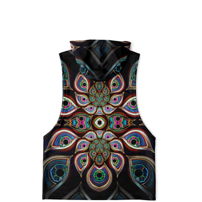 Flat lay of "The Waiting Room" sleeveless hoodie, back view, laid flat with no model.