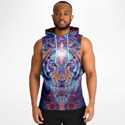 A second model wearing the “Empurrress” sleeveless hoodie, front view, showing the fit and drape.