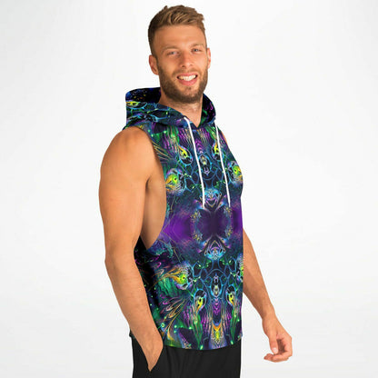Closer side view of a model wearing the Awakened sleeveless hoodie.