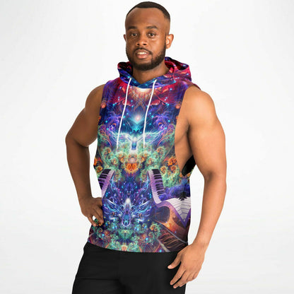 A second model wearing the “Magnus Opum” sleeveless hoodie from the side, showing the drop armhole cut.