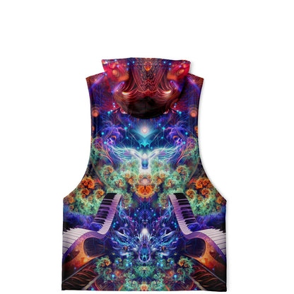 Flat lay of the back of the “Magnus Opum” all-over-print sleeveless hoodie, showing the full back print.