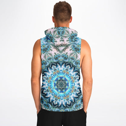 Model wearing the “Return to Purity” sleeveless hoodie, back view, showing the print across the back.