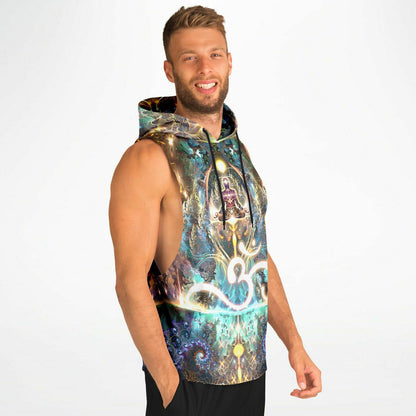Model wearing the “Density 432” sleeveless hoodie from the side, showing the drop armhole cut.