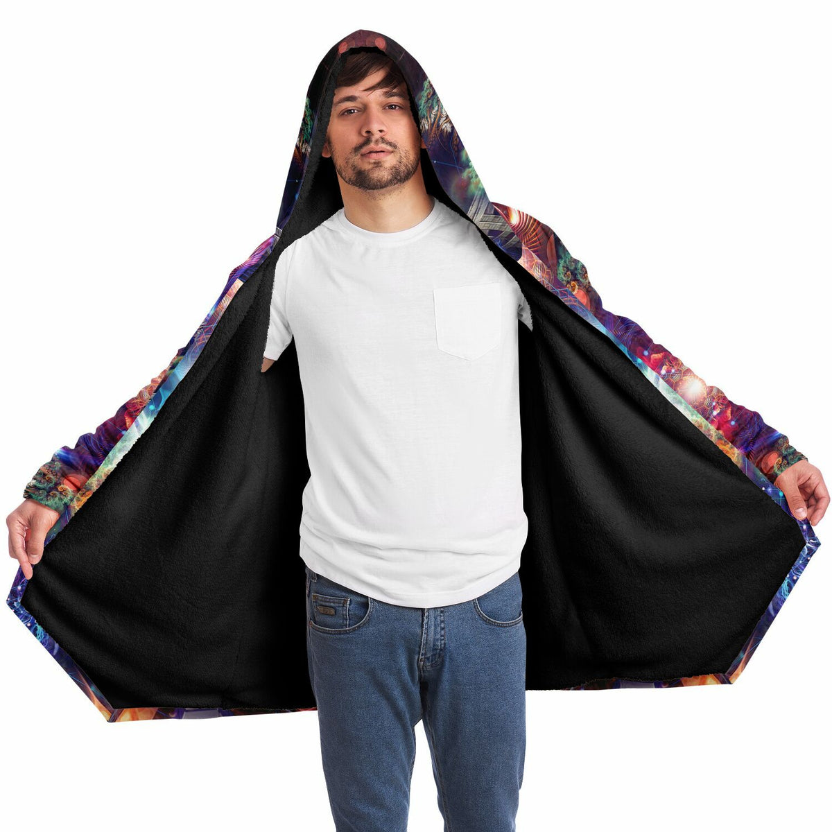 Male model with the "Magnus Opum" hooded cloak open, showing the black fleece lining inside.