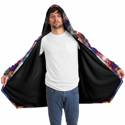 Male model with the "Magnus Opum" hooded cloak open, showing the black fleece lining inside.