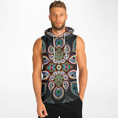 Front view of a model wearing "The Waiting Room" sleeveless hoodie.