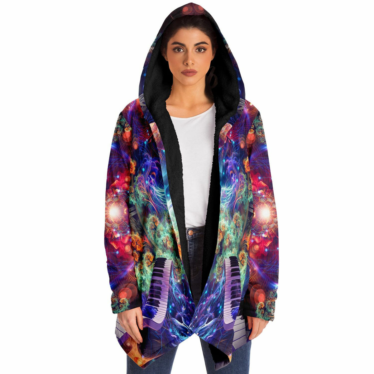 Female model wearing the "Magnus Opum" hooded cloak, facing forward with the design on display.