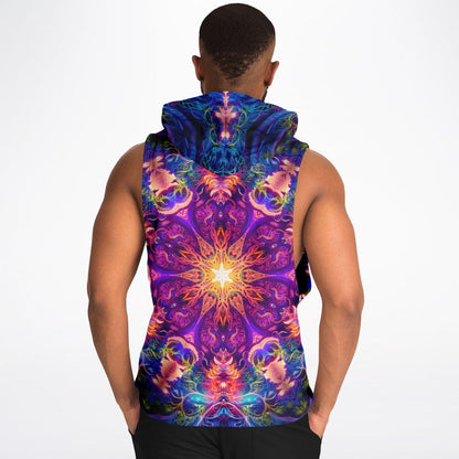 Another back view of the 'The Sacred Circle' sleeveless hoodie worn by a model, showing the print.