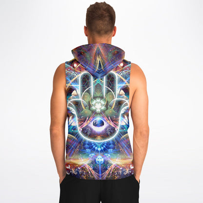 Model wearing the “Divine Protection” sleeveless hoodie, back view, showing the all-over print across the back.