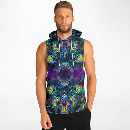 Closer front view of a model wearing the Awakened sleeveless hoodie.