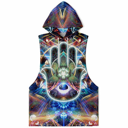 Flat lay of the front of the “Divine Protection” all-over-print sleeveless hoodie, showing the hood.