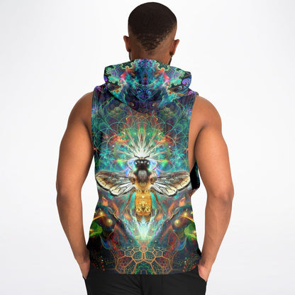 A second model wearing the “To Bee or Not to Bee” sleeveless hoodie, back view, highlighting the all-over print.