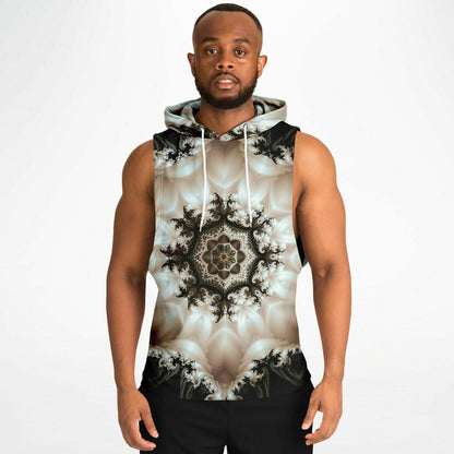 A model wears the Duality sleeveless hoodie, front view with the double-layer hood visible.