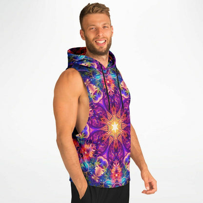 Side view of the 'The Sacred Circle' sleeveless hoodie worn by a model, showing its all-over-print artwork.
