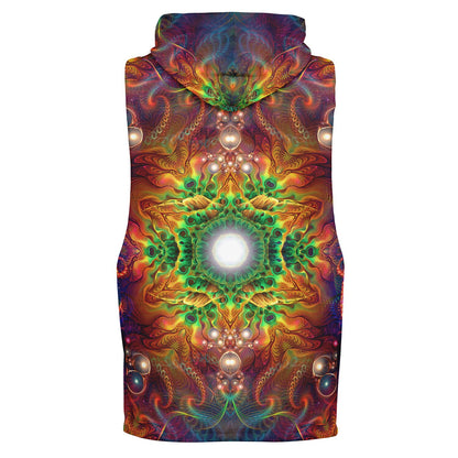 Ghost mannequin back view of "Photonic" sleeveless hoodie with no visible model.