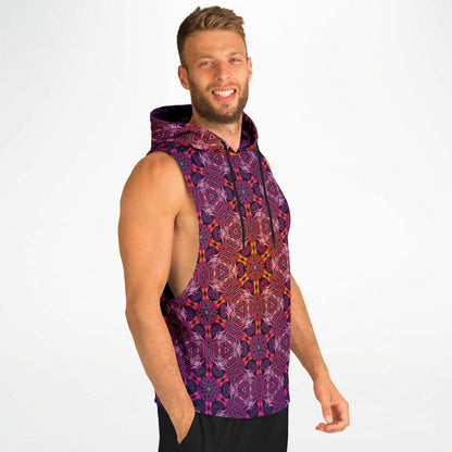 Model wearing the “Forged In Neon” sleeveless hoodie from the side, showing the drop armhole cut.