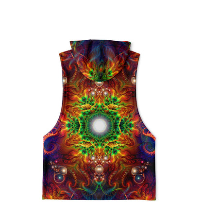 Flat lay of "Photonic" sleeveless hoodie, back view, laid flat with no model.