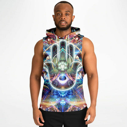 A second model wearing the “Divine Protection” sleeveless hoodie, front view, showing the fit and drape.