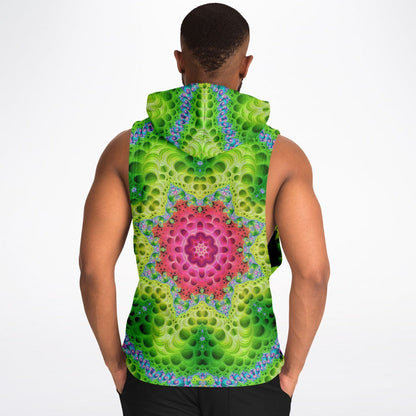 A second model wearing the “Starburst” sleeveless hoodie, back view, highlighting the all-over print.