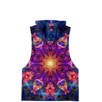 Flat lay back view of the 'The Sacred Circle' sleeveless hoodie, showing its all-over-print artwork.