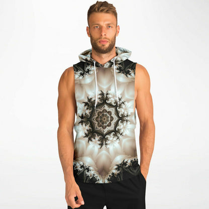 A model wears the Duality sleeveless hoodie, viewed from the front.
