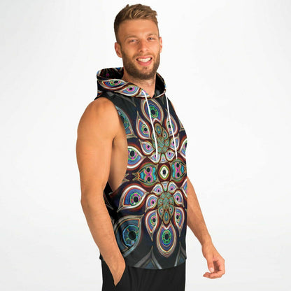 A model wearing "The Waiting Room" sleeveless hoodie, viewed from the side.