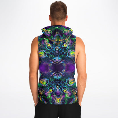 Closer back view of a model wearing the Awakened sleeveless hoodie.
